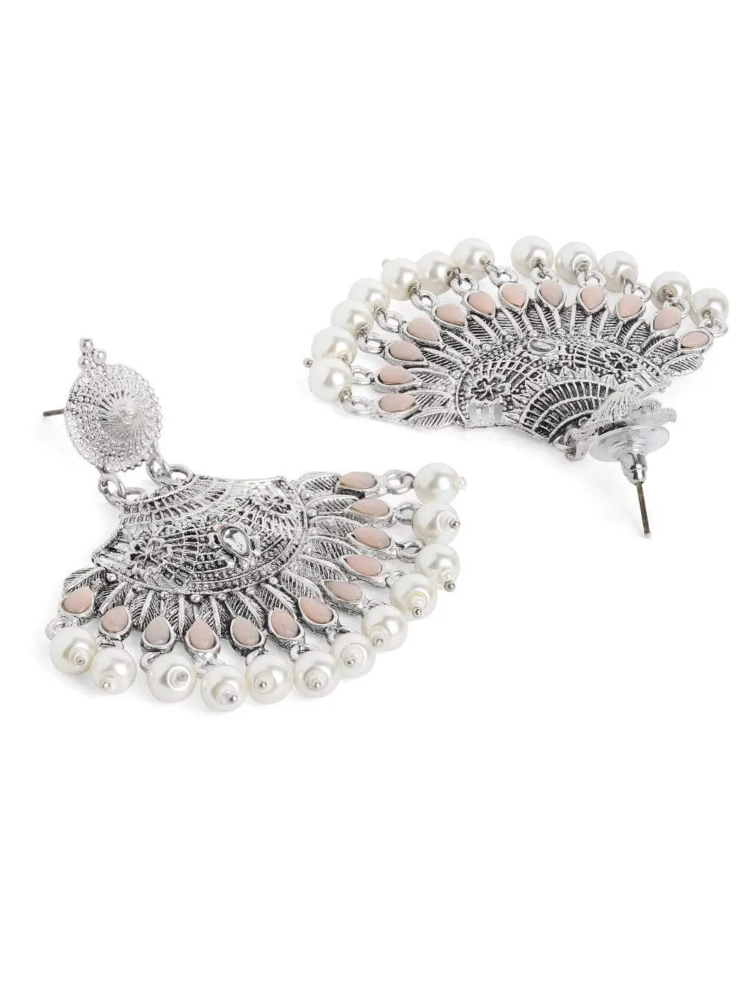 Rubans Silver Plated Handcrafted Peal Rimmed Oxidised Chandbali Earrings
