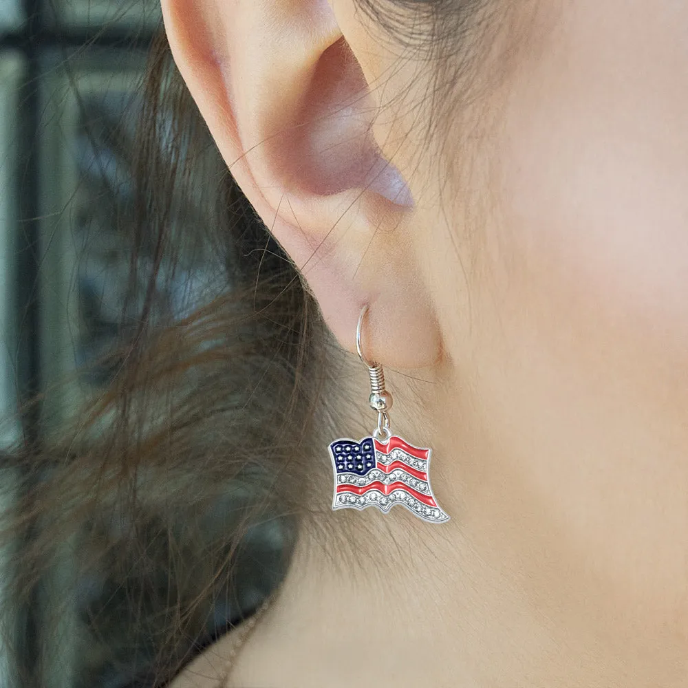 Silver American Flag Charm Dangle Earrings
