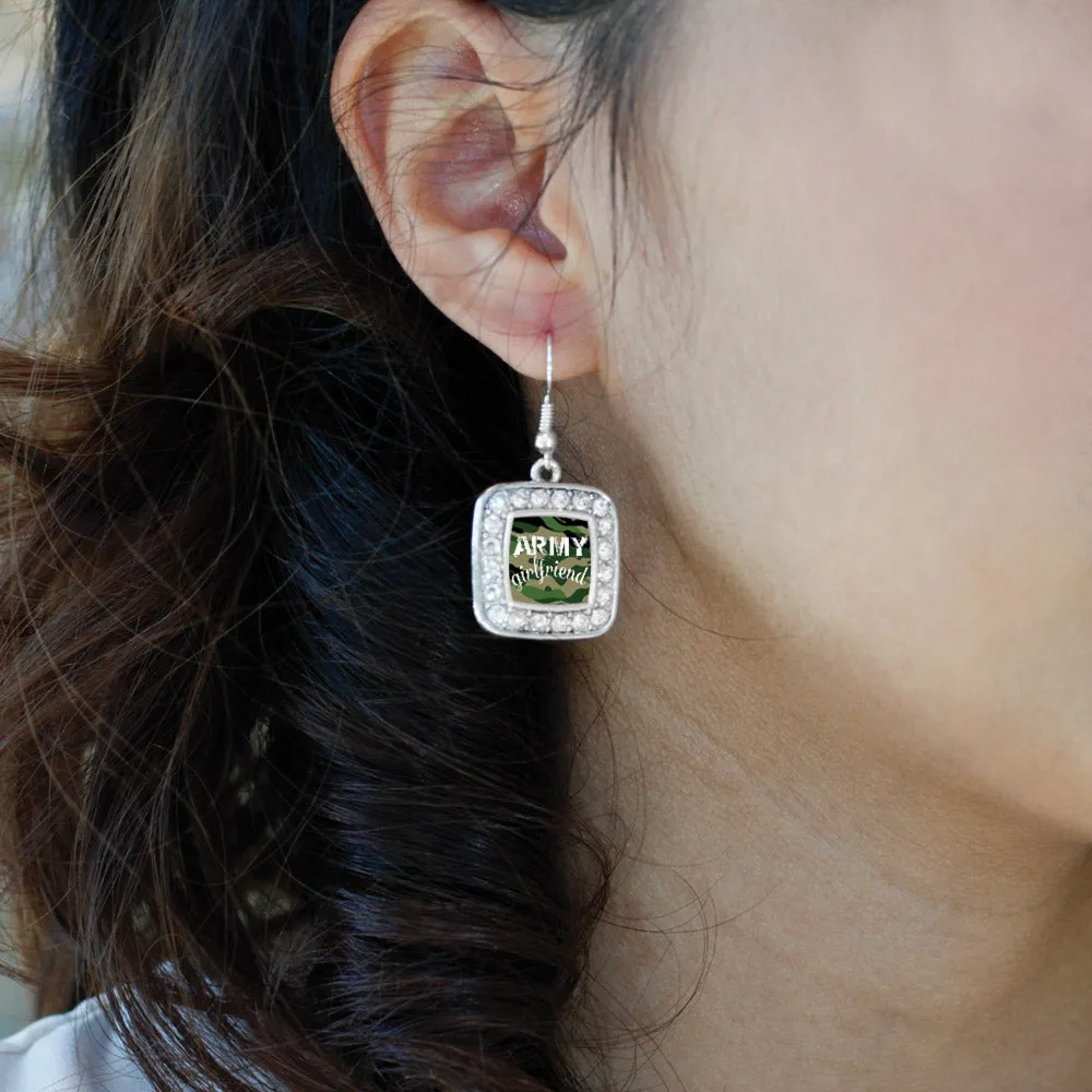 Silver Army Girlfriend Square Charm Dangle Earrings