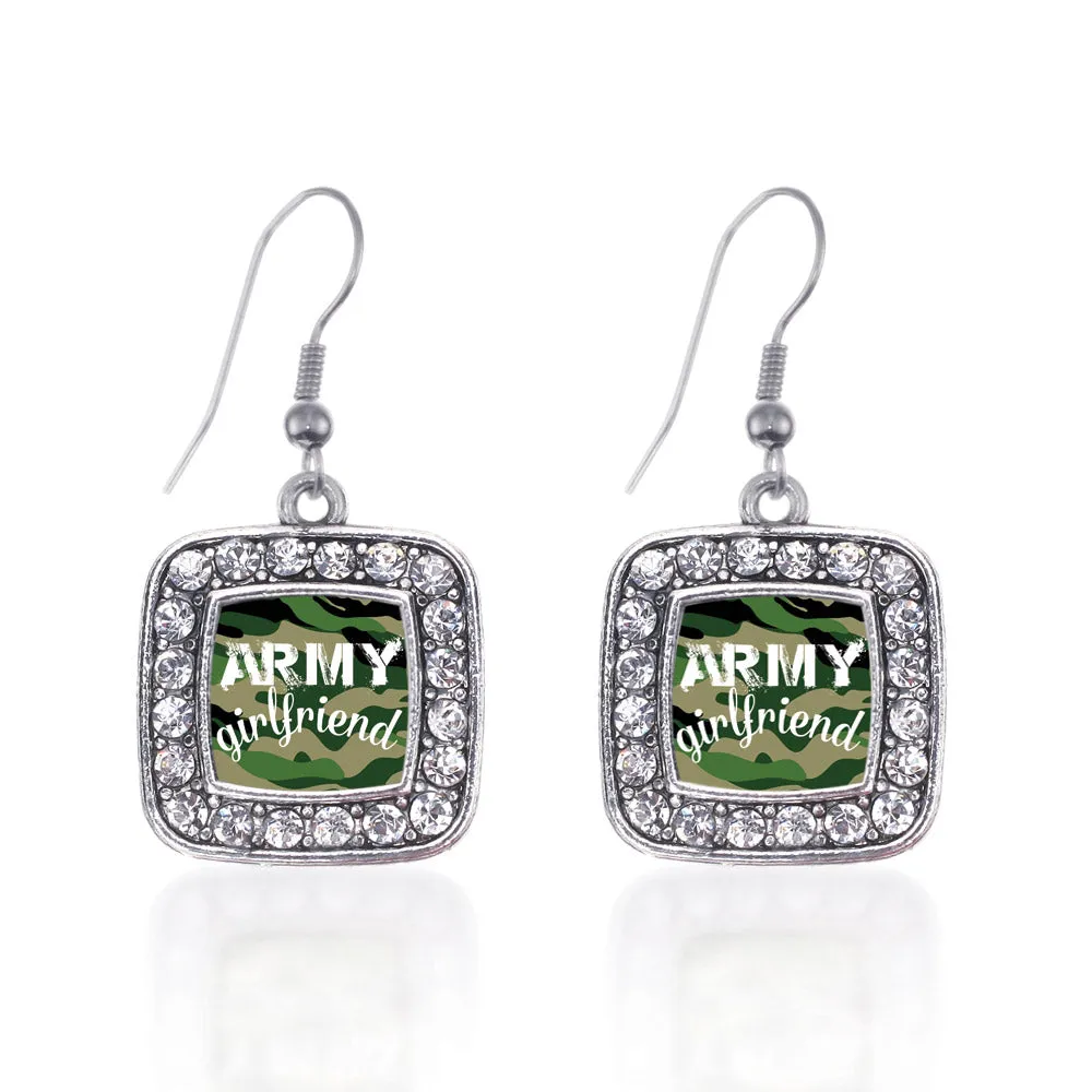 Silver Army Girlfriend Square Charm Dangle Earrings