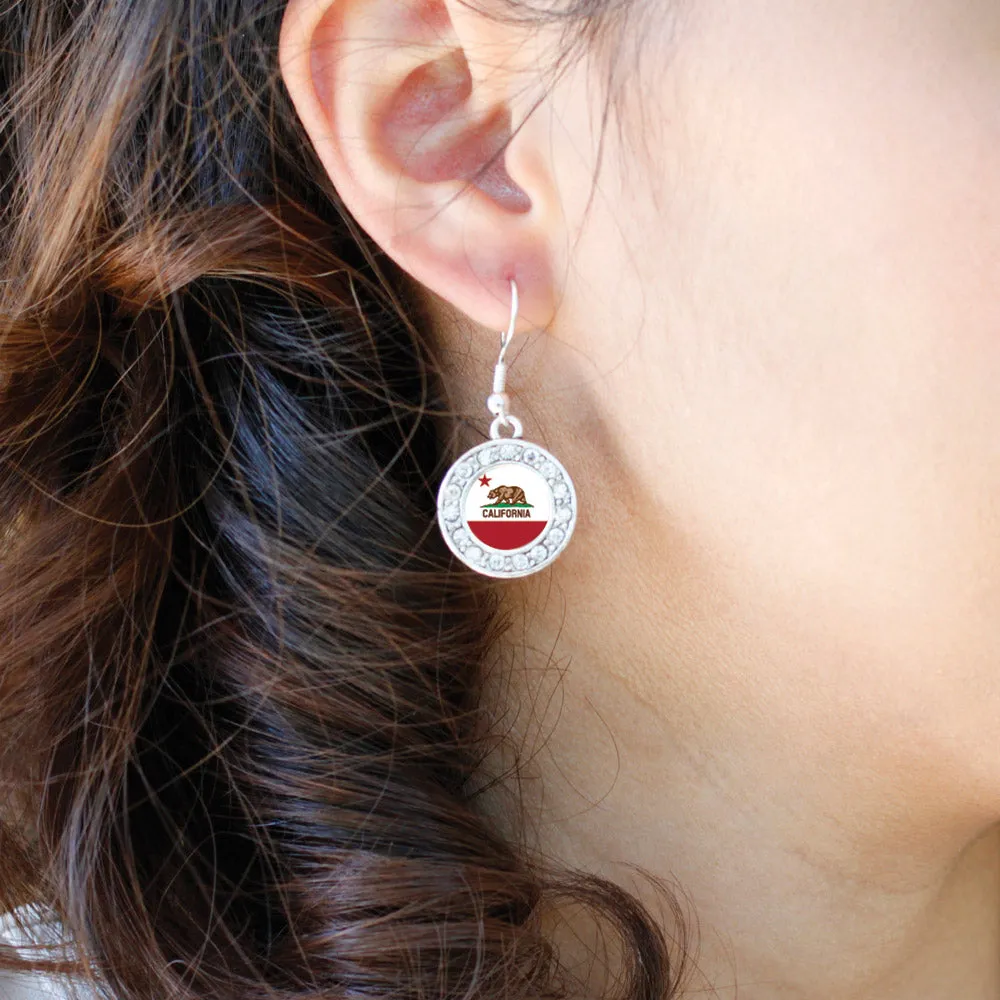 Silver California Flag Circle Charm Dangle Earrings
