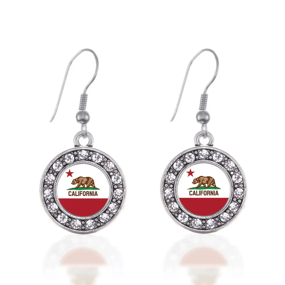 Silver California Flag Circle Charm Dangle Earrings