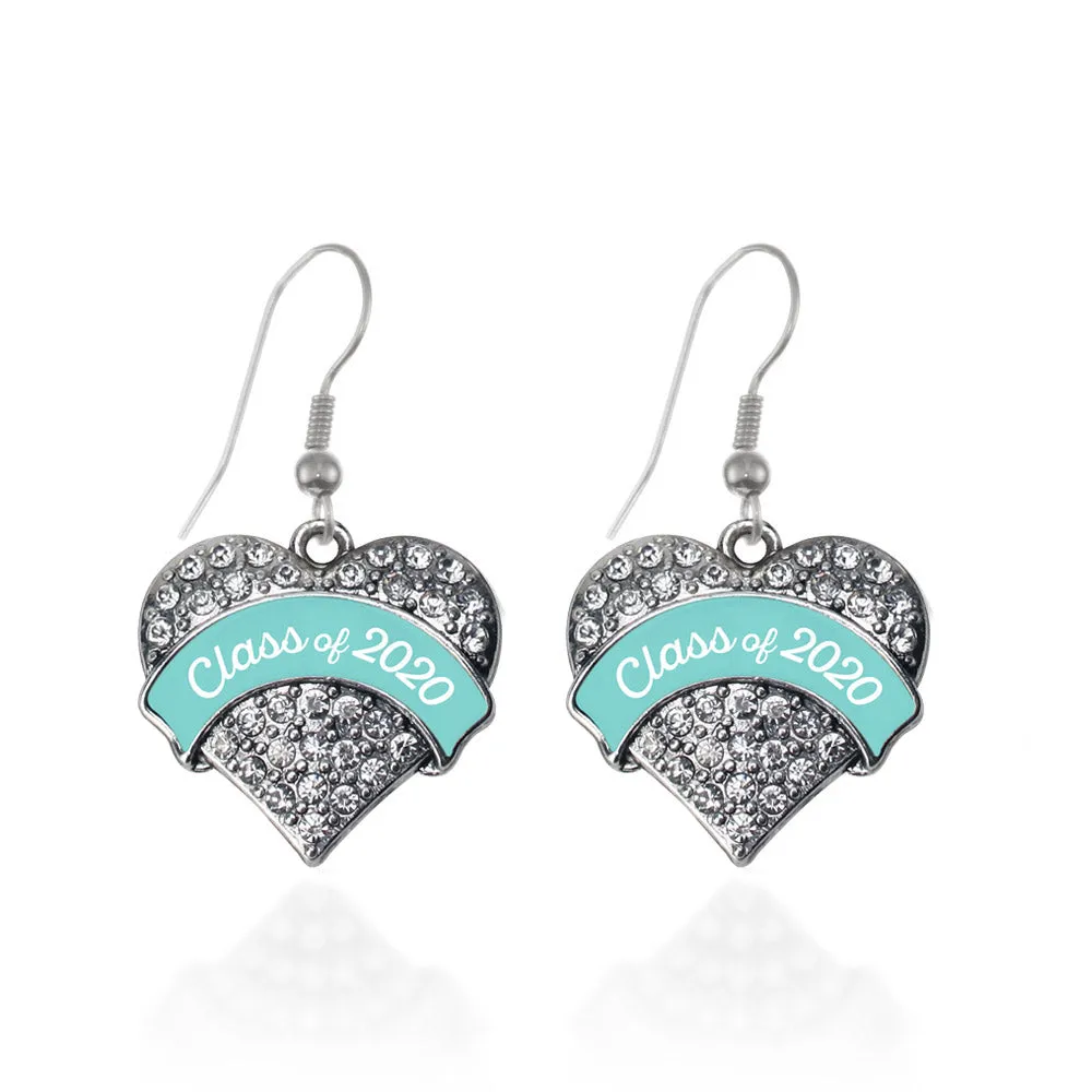 Silver Class of 2020 - Teal Pave Heart Charm Dangle Earrings