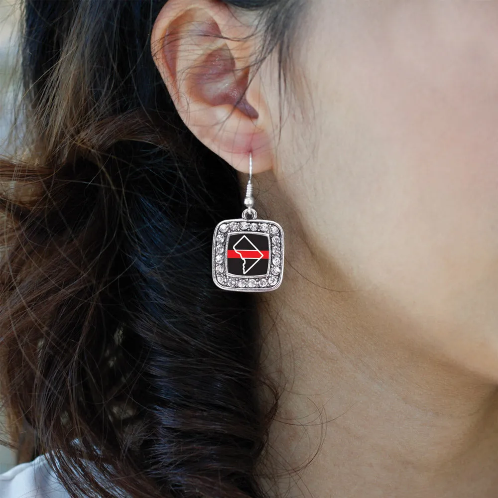 Silver District of Columbia Thin Red Line Square Charm Dangle Earrings