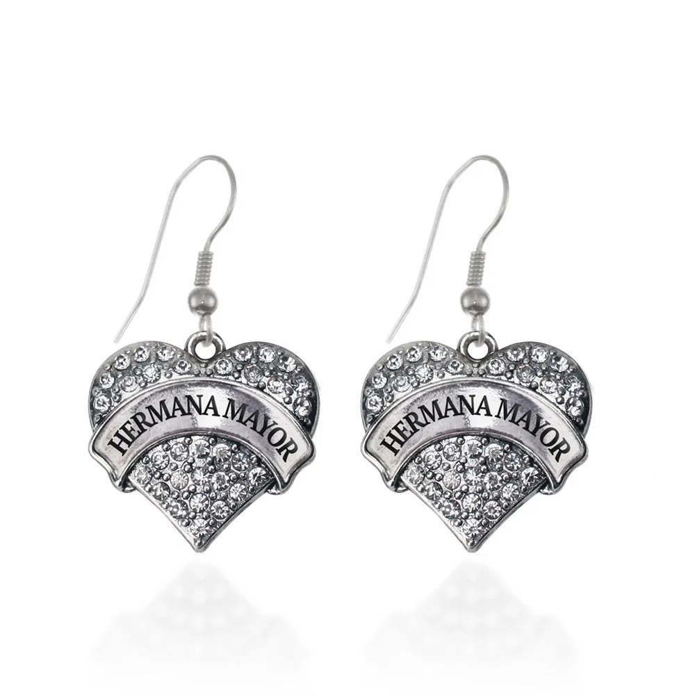 Silver Hermana Mayor - Big Sister Pave Heart Charm Dangle Earrings