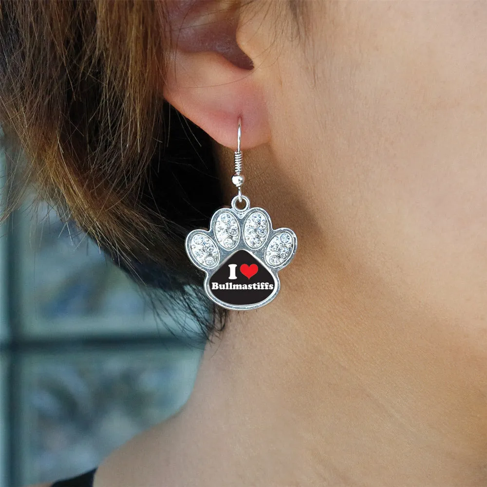 Silver I Love Bullmastiffs Pave Paw Charm Dangle Earrings