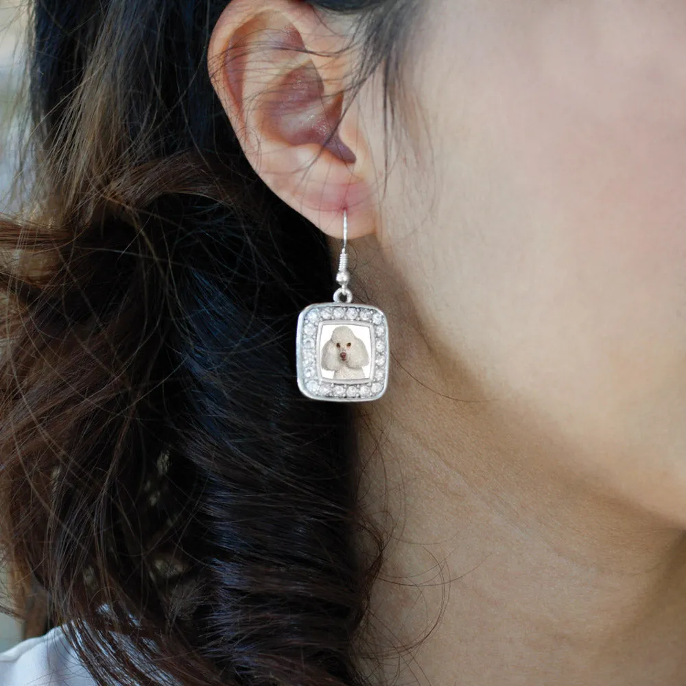 Silver I Love My Poodle Square Charm Dangle Earrings