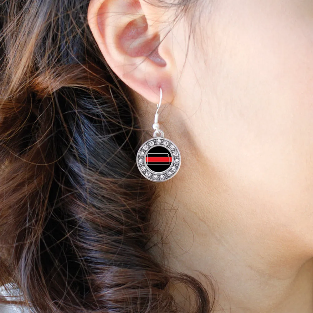 Silver Kansas Thin Red Line Circle Charm Dangle Earrings