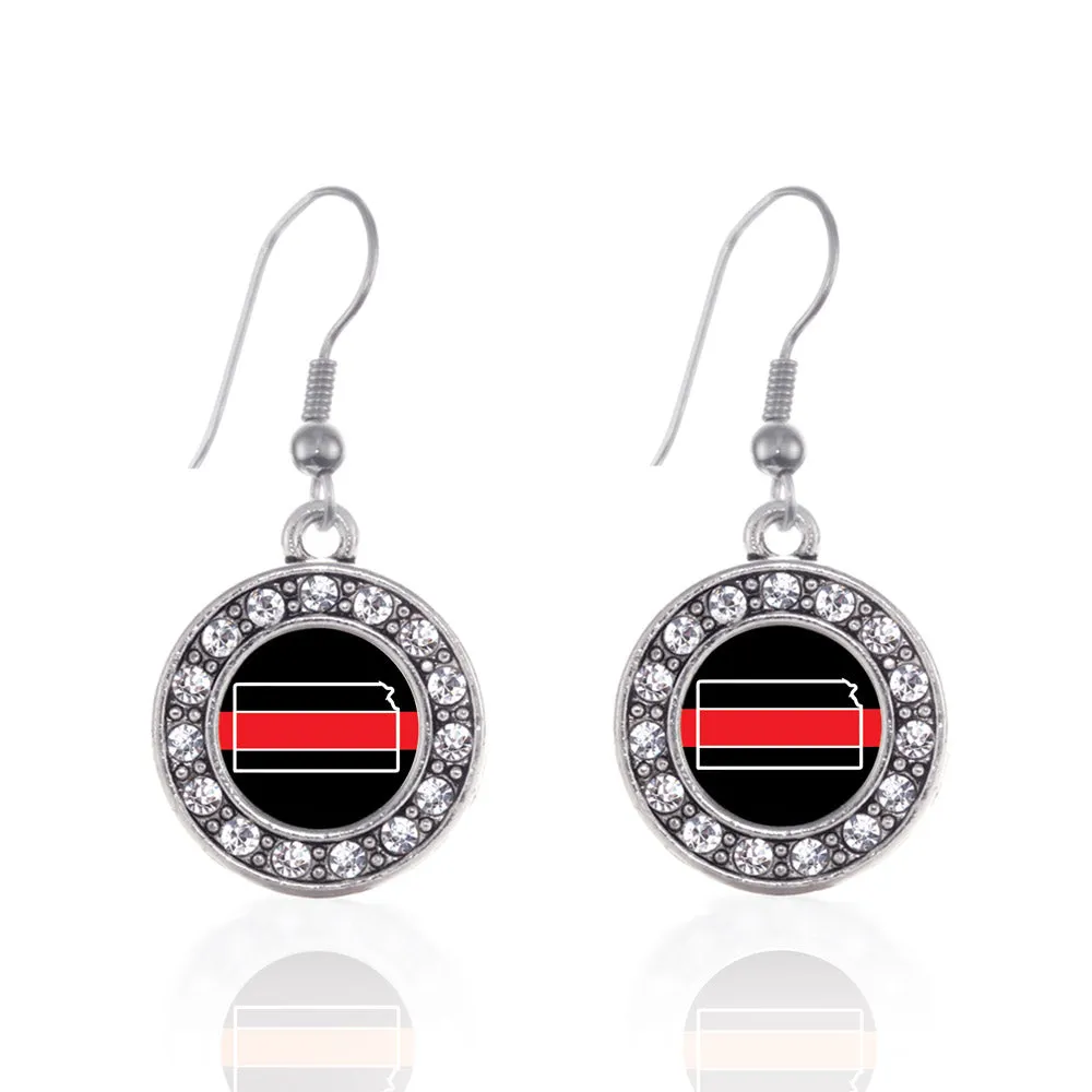 Silver Kansas Thin Red Line Circle Charm Dangle Earrings
