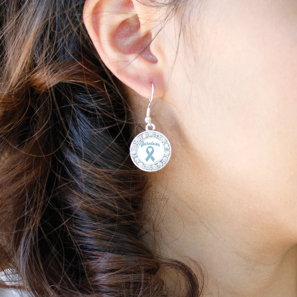 Silver Light Blue Ribbon Survivor Circle Charm Dangle Earrings