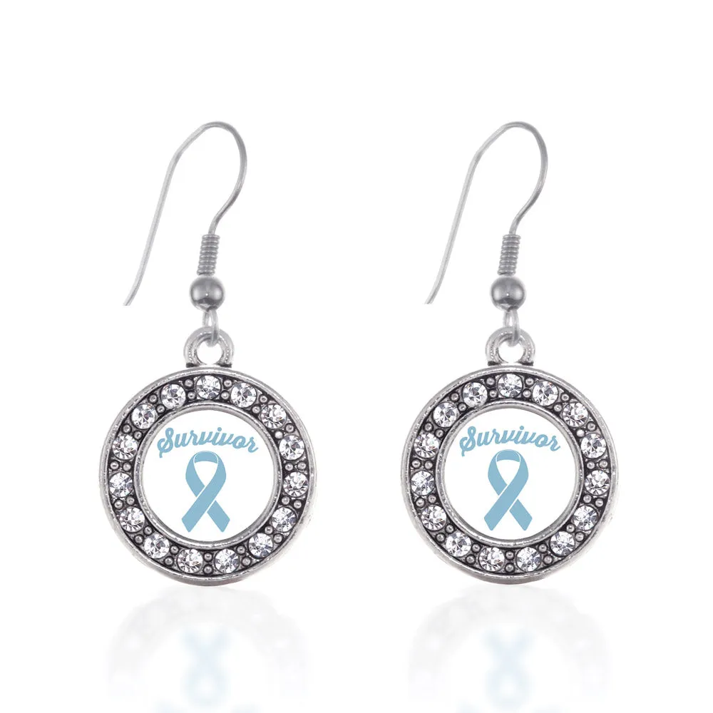Silver Light Blue Ribbon Survivor Circle Charm Dangle Earrings