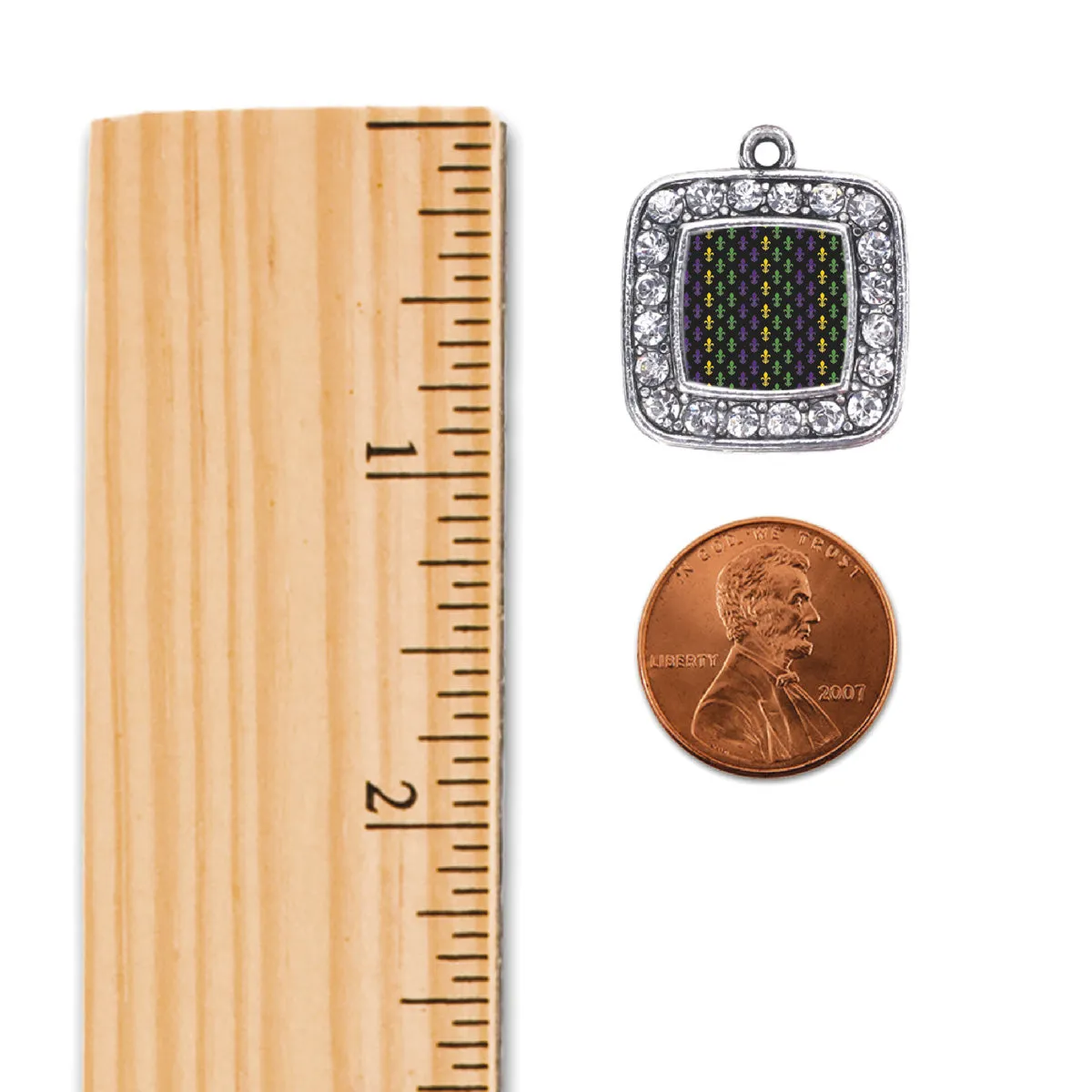 Silver Mardi Gras Pattern Square Charm Dangle Earrings