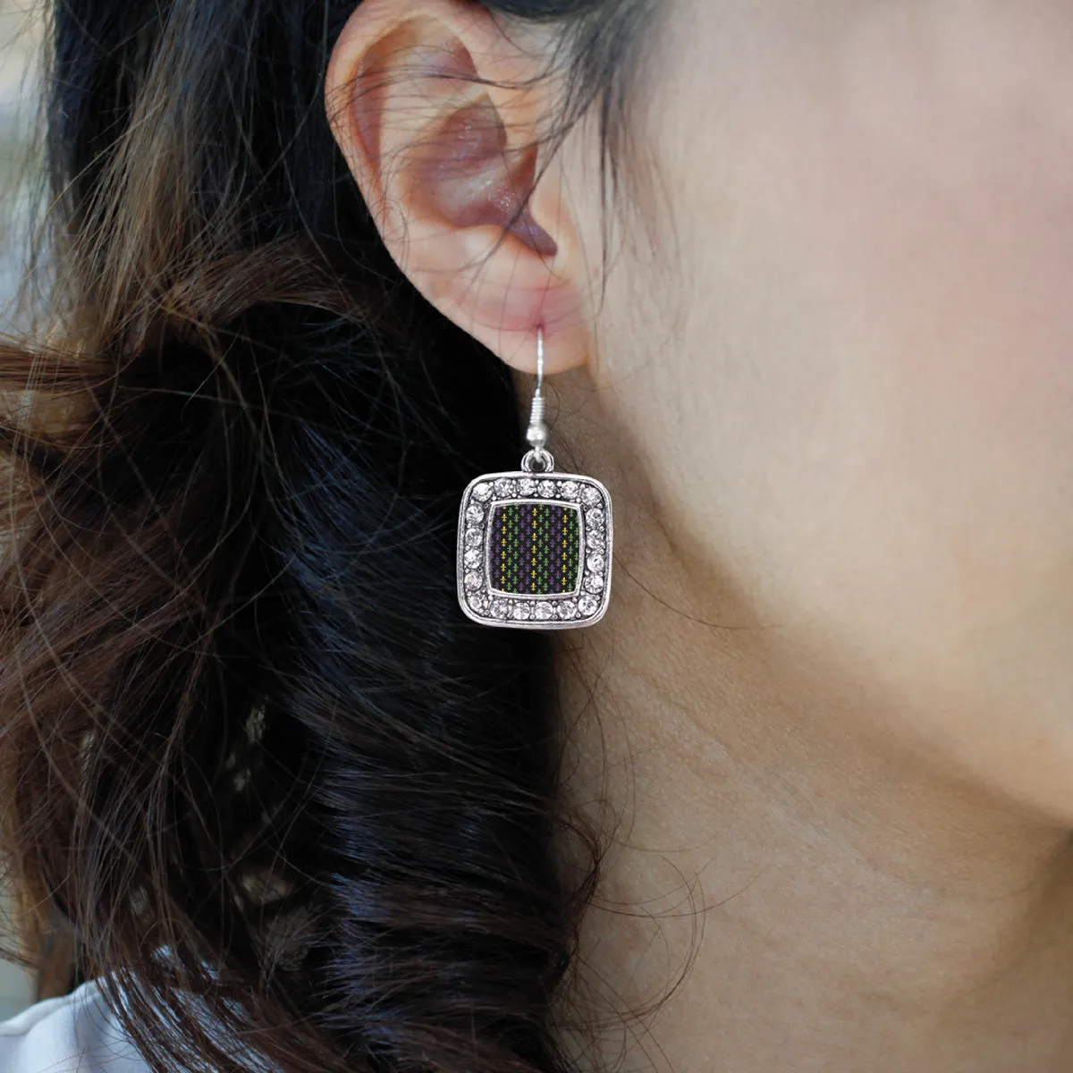 Silver Mardi Gras Pattern Square Charm Dangle Earrings