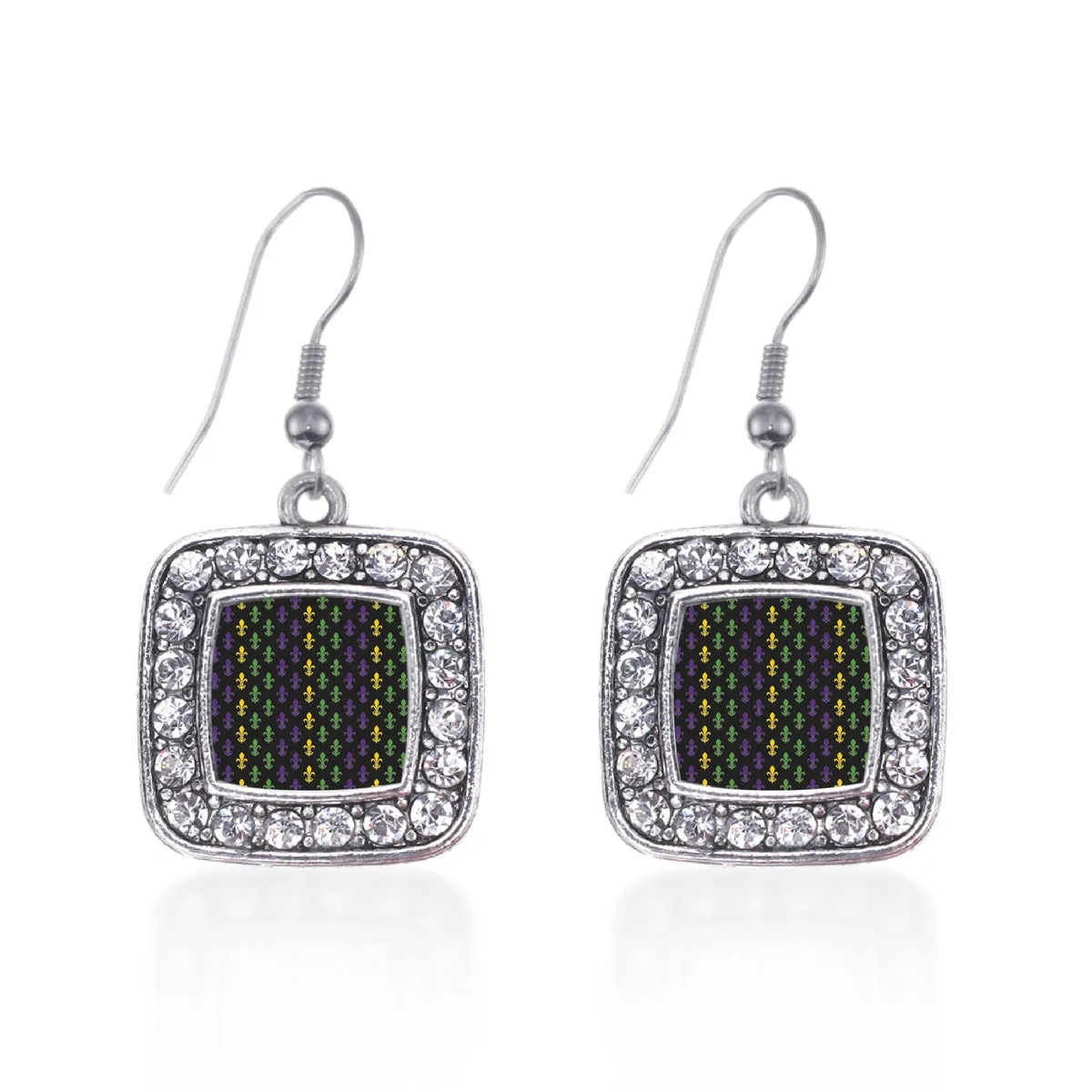 Silver Mardi Gras Pattern Square Charm Dangle Earrings