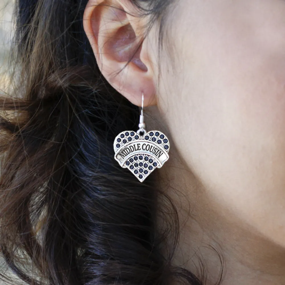 Silver Middle Cousin Navy Blue Pave Heart Charm Dangle Earrings