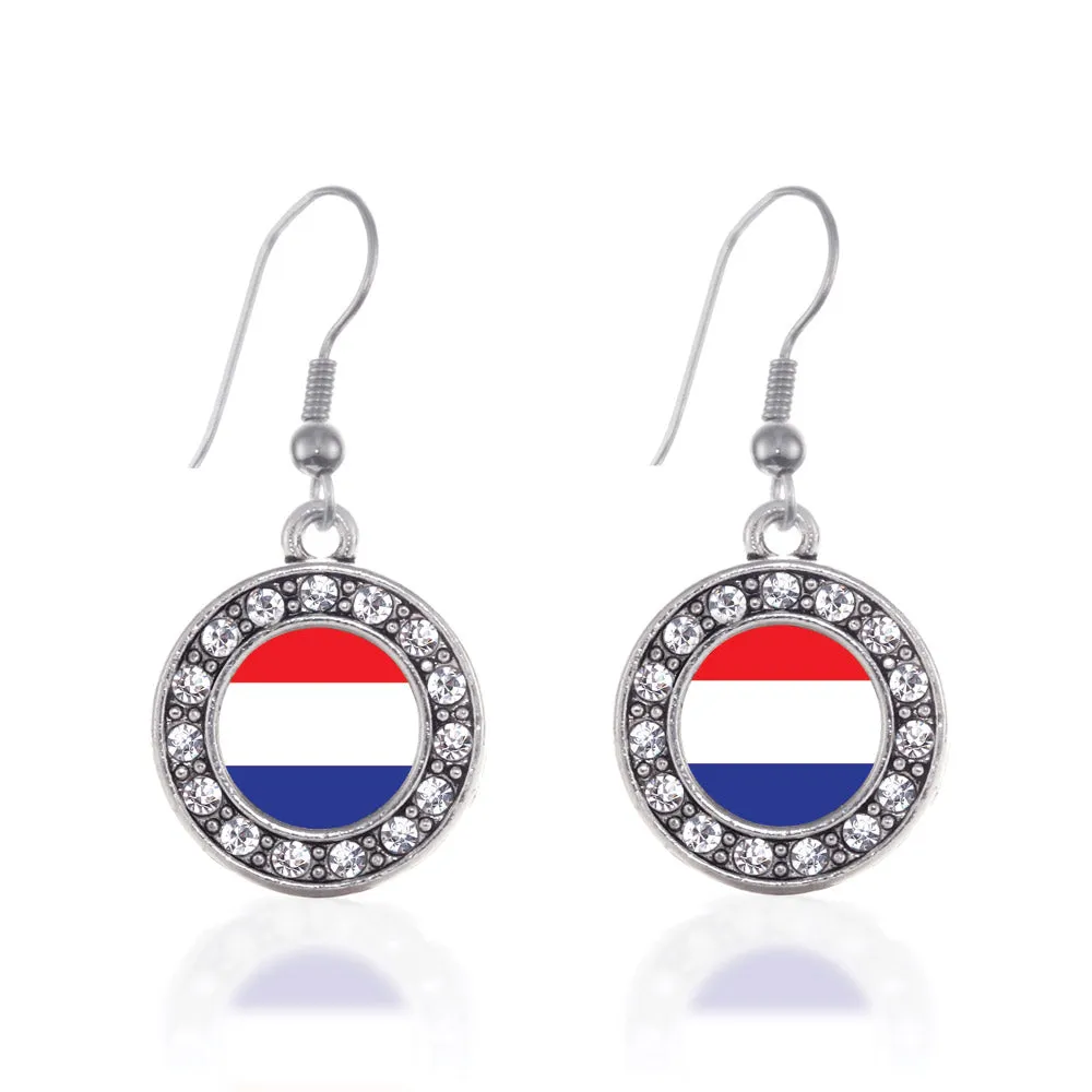 Silver Netherlands Flag Circle Charm Dangle Earrings