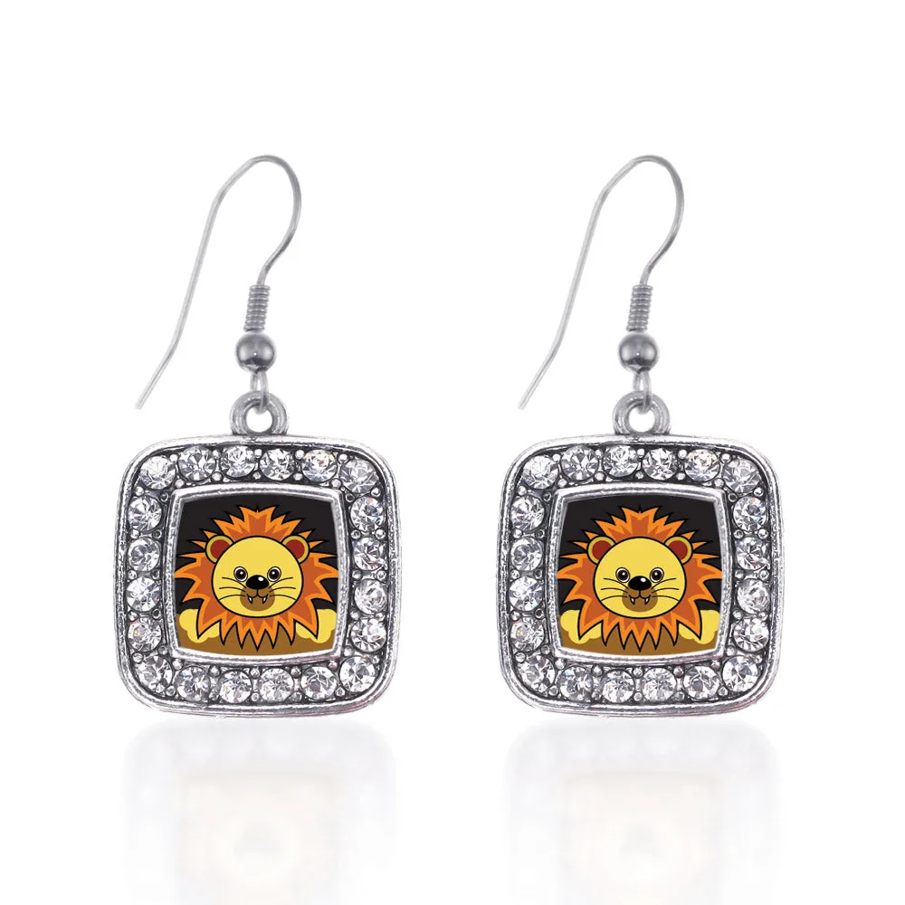 Silver Peeking Lion Square Charm Dangle Earrings