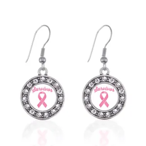 Silver Pink Ribbon Survivor Circle Charm Dangle Earrings