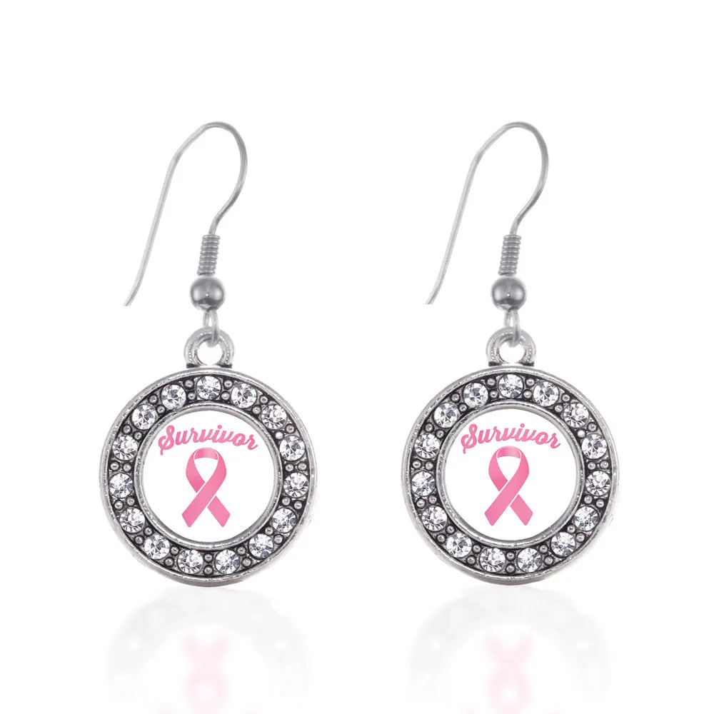 Silver Pink Ribbon Survivor Circle Charm Dangle Earrings