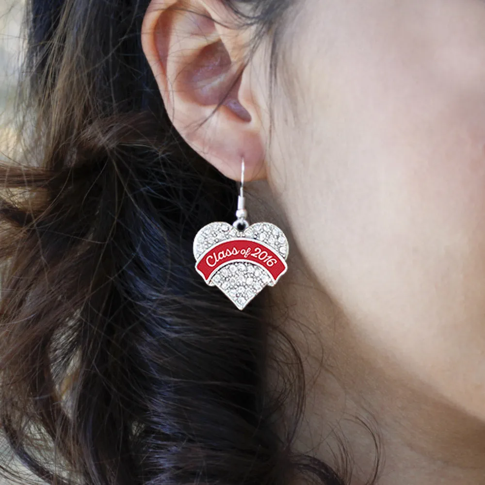 Silver Red Class of 2016 Pave Heart Charm Dangle Earrings
