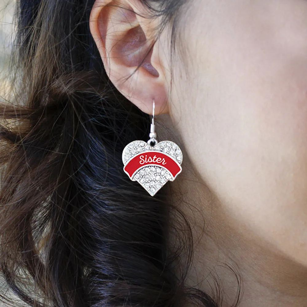 Silver Red Sister Pave Heart Charm Dangle Earrings