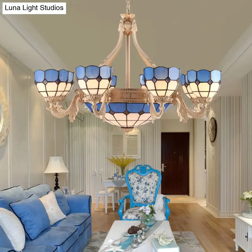 Stained Glass Baroque Chandelier - 9/11 Light Yellow/Blue Pendant Fixture for Living Room
