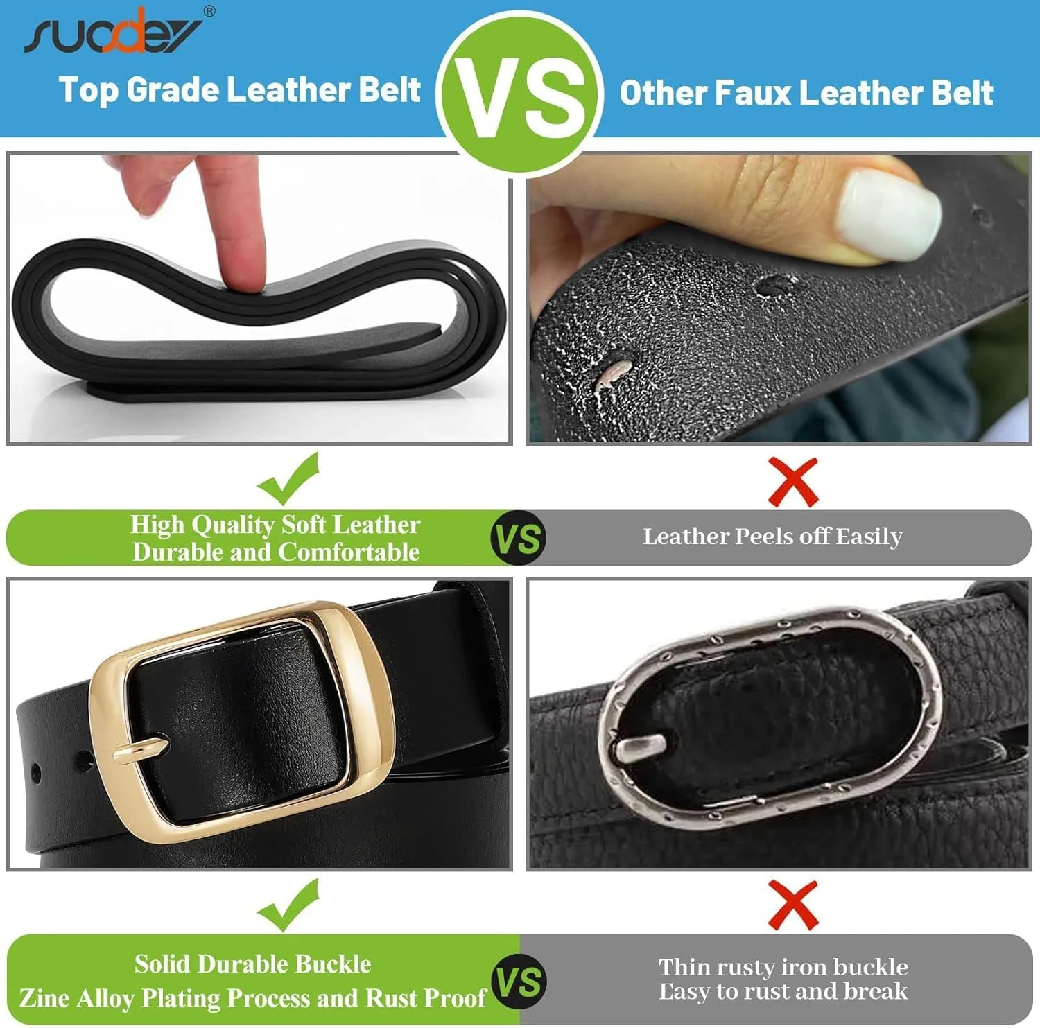 SUOSDEY Fashion Womens Leather Belt, Soft Leather Waist Belt with Pin Buckle for Jeans Pants,width 1.3"