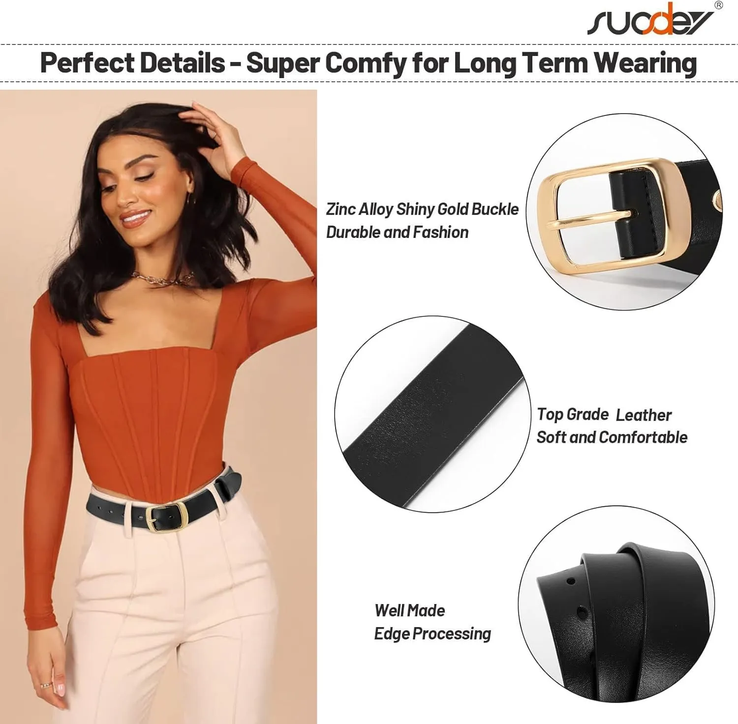 SUOSDEY Fashion Womens Leather Belt, Soft Leather Waist Belt with Pin Buckle for Jeans Pants,width 1.3"