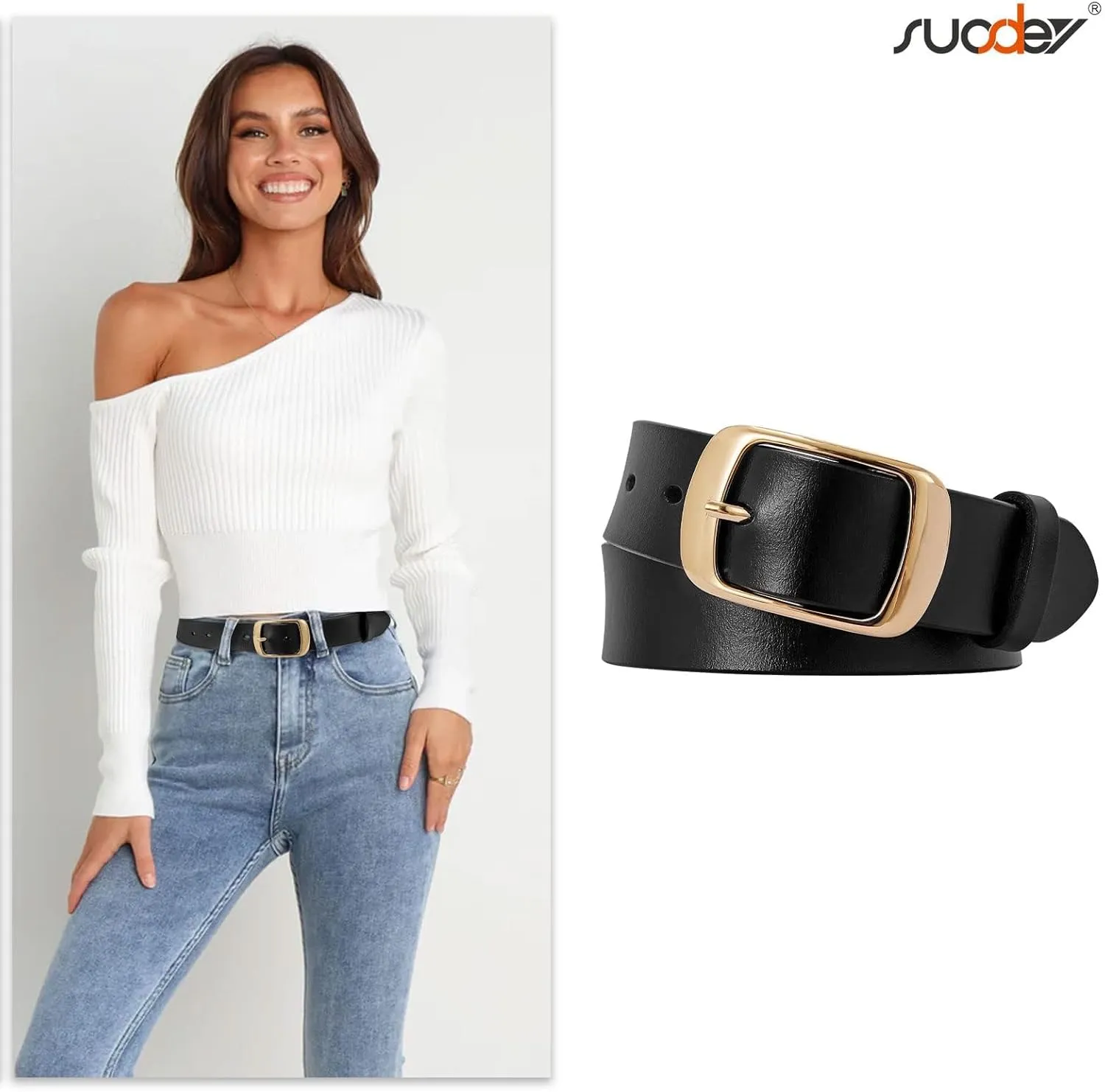 SUOSDEY Fashion Womens Leather Belt, Soft Leather Waist Belt with Pin Buckle for Jeans Pants,width 1.3"
