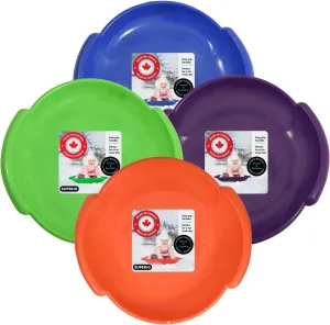 Superio Round Snow Saucer Sleds- 24 Plastic Disc Sleds for Kids and Adults- Heavy Duty Sled Discs with Handles for Downhill Sledding, Winter Outdoor Sports, (Blue, Green, Purple, Orange)