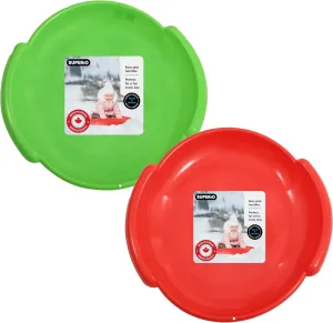Superio Round Snow Saucer Sleds- 24" Plastic Disc Sleds for Kids and Adults- Heavy Duty Sled Discs with Handles for Downhill Sledding, Winter Outdoor Sports, 2 Pack (Red-Green)