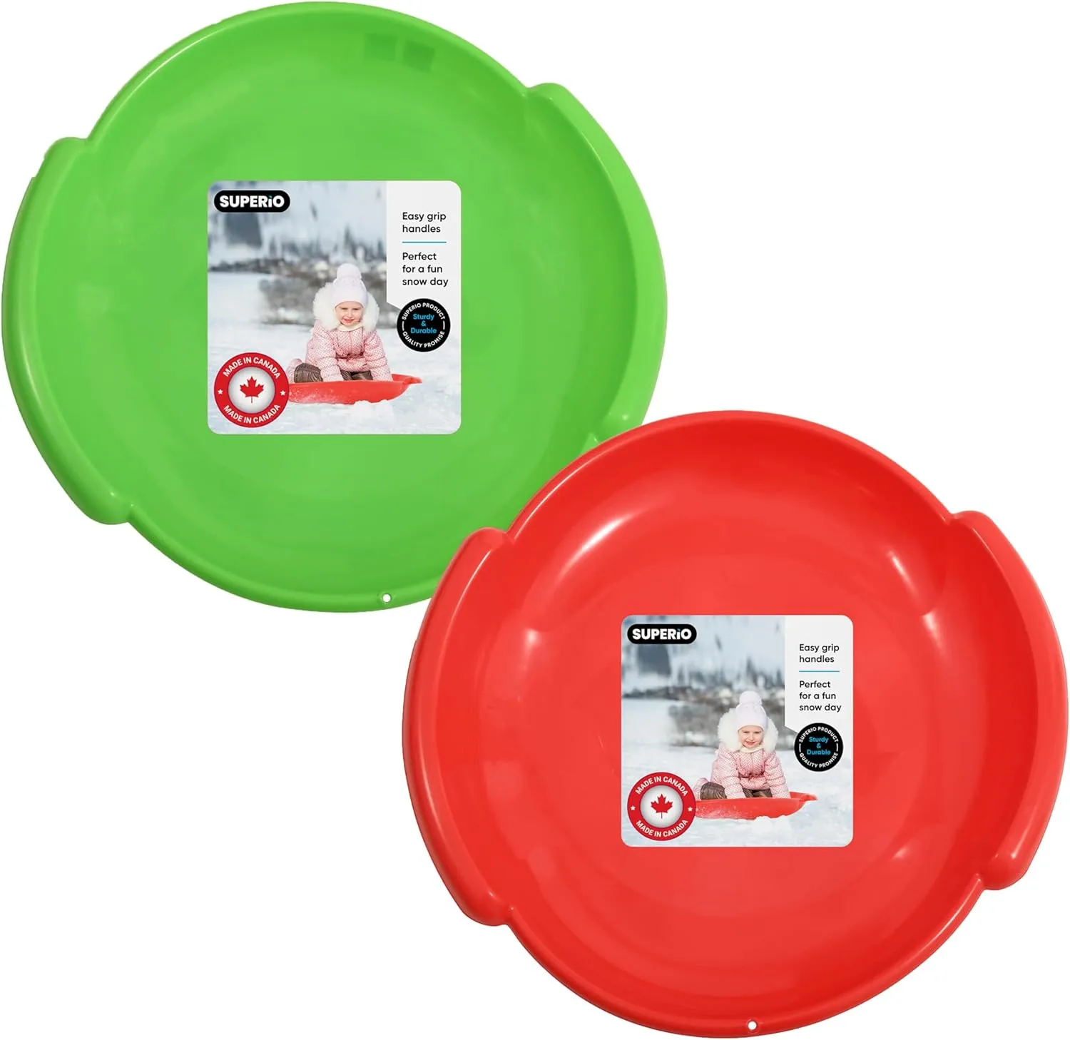 Superio Round Snow Saucer Sleds- 24" Plastic Disc Sleds for Kids and Adults- Heavy Duty Sled Discs with Handles for Downhill Sledding, Winter Outdoor Sports, 2 Pack (Red-Green)