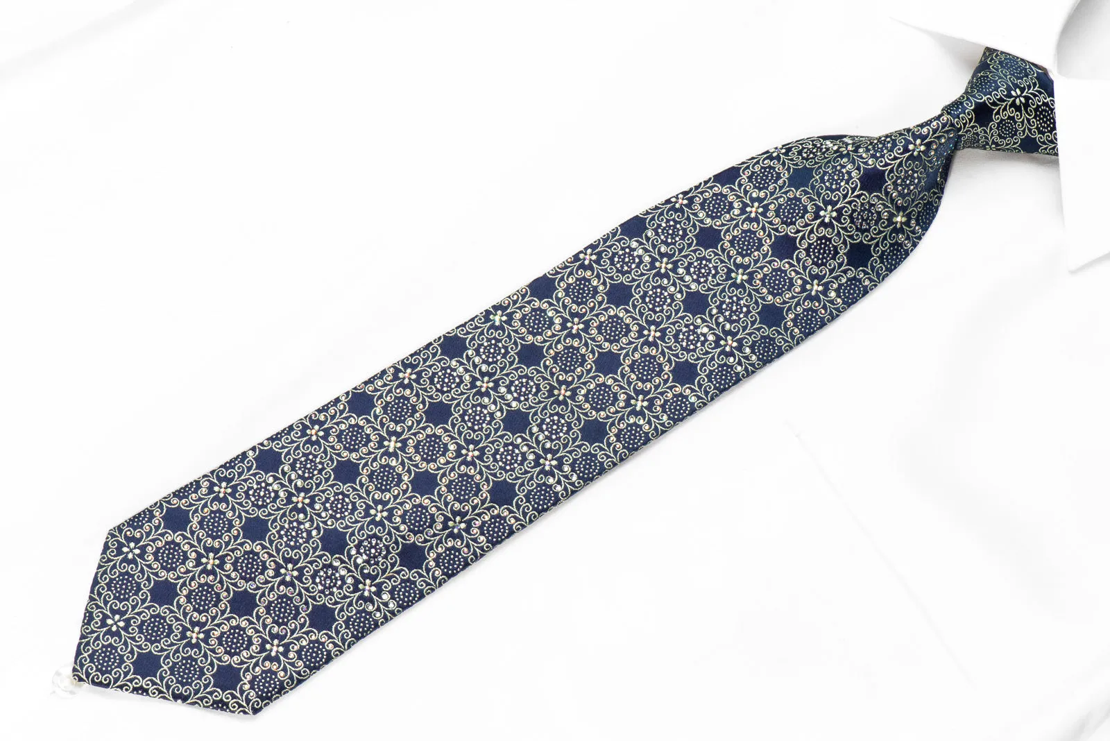 Ungaro Mens Rhinestone Tie Silver Cartouche On Blue With Sparkles