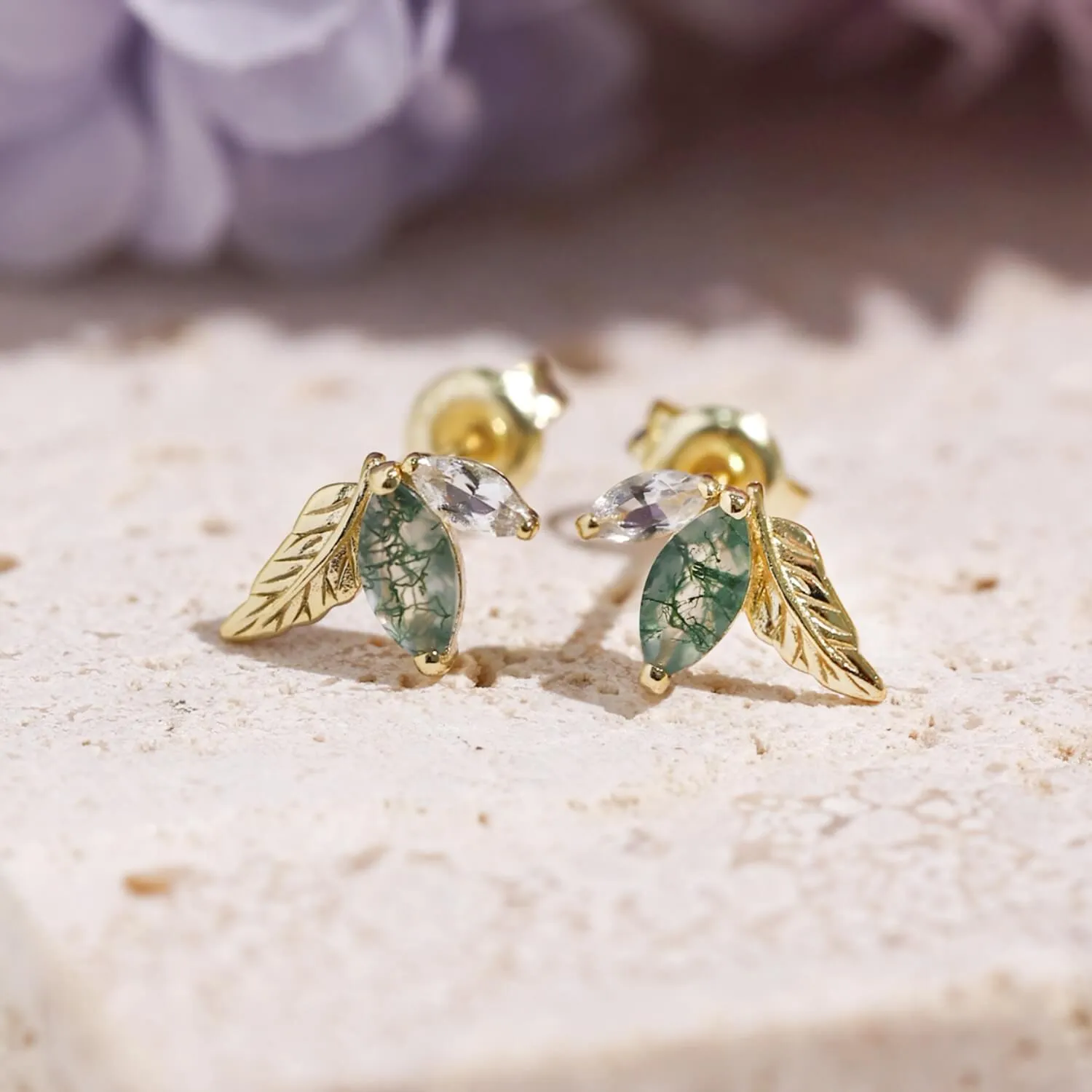Verdant Moss Agate Studs (Yellow Gold)