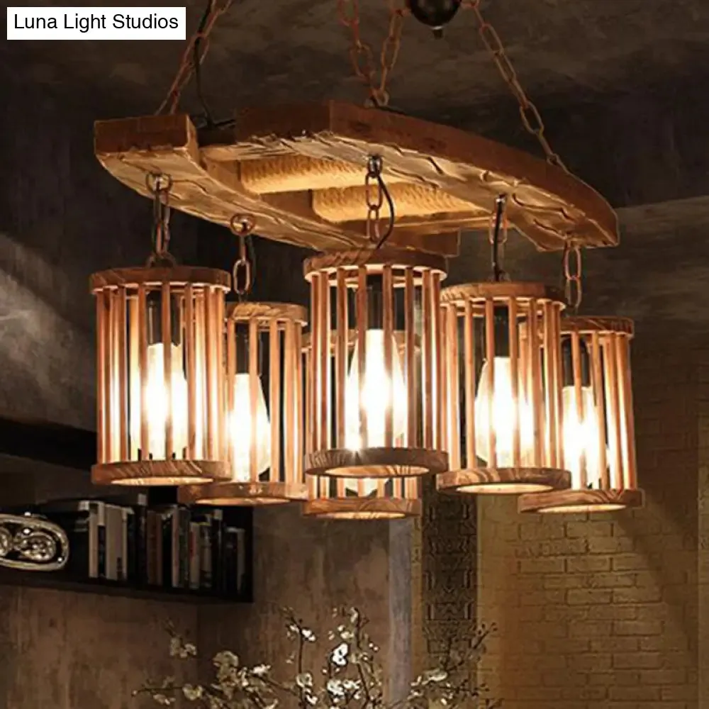Vintage Wood & Black 6-Light Cylinder Chandelier for Dining Room Pendant Lighting