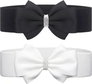Women's Elastic Bow Belt Wide Rhinestone Stretch Belts Ladies Waist Accessories for Dress Jeans