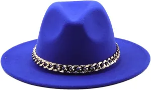 Women's Solid Fedora Hats Jazz Cap Women Men Wide Brim Thick Hats Blue 56-58CM