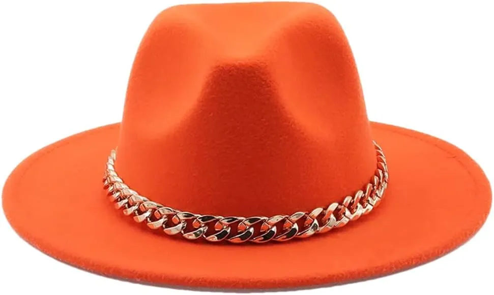 Women's Solid Fedora Hats Jazz Cap Women Men Wide Brim Thick Hats Orange 56-58CM