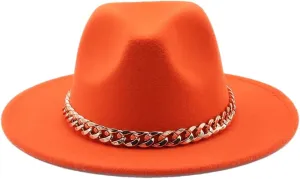 Women's Solid Fedora Hats Jazz Cap Women Men Wide Brim Thick Hats Orange 56-58CM
