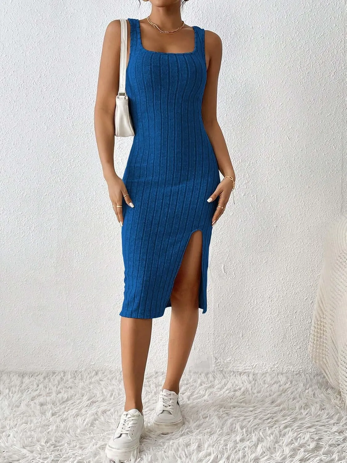 Womens Summer Tank Dress Casual Sleeveless Square Neck Dresses Bodycon Side Slit Sundress Midi Ribbed Sweater Dresses