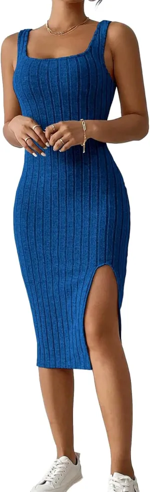 Womens Summer Tank Dress Casual Sleeveless Square Neck Dresses Bodycon Side Slit Sundress Midi Ribbed Sweater Dresses