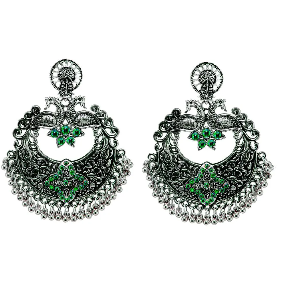 Yellow Chimes Combo of 2 Pairs Ethnic Silver Oxidised Floral Design Beads Studded Stones Chandbali Jhumka Earrings for Women and Girls, red, green, medium (YCTJER-CHNDNGLR-C-RDGR)