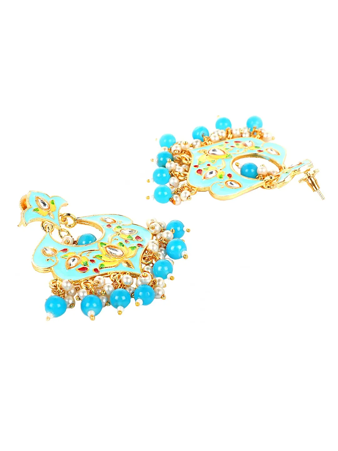 Yellow Chimes Ethnic Gold Plated Traditional Beads Blue Meenakari Floral Design Chandbali Earrings for Women and Girls, Medium (YCTJER-99MNKFLW-BL)