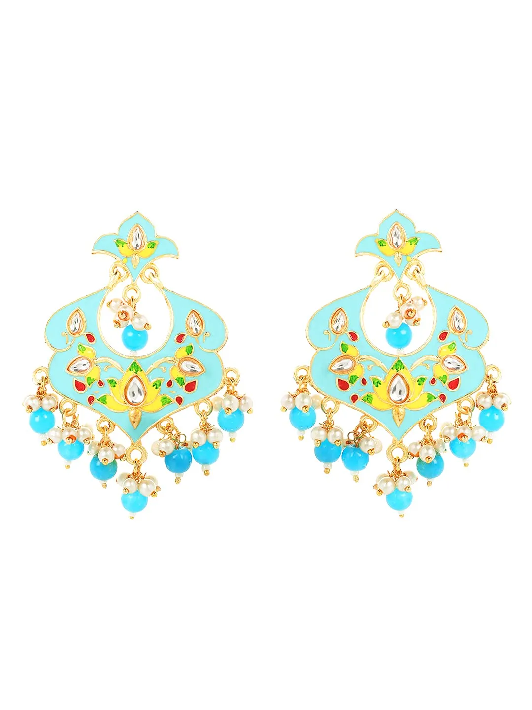 Yellow Chimes Ethnic Gold Plated Traditional Beads Blue Meenakari Floral Design Chandbali Earrings for Women and Girls, Medium (YCTJER-99MNKFLW-BL)