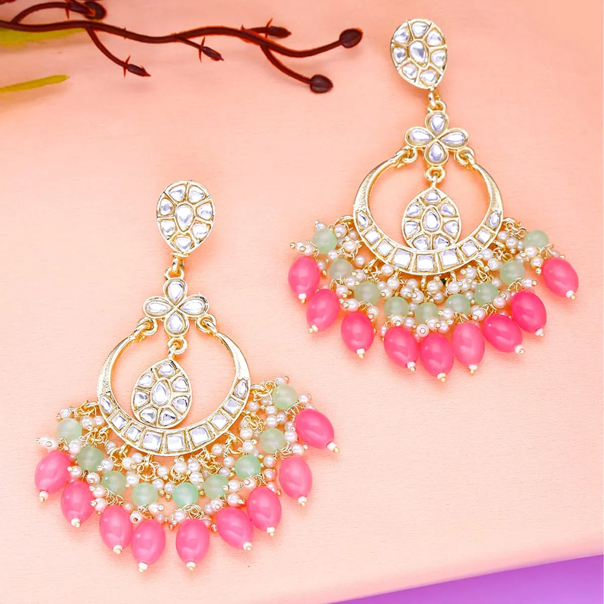 Yellow Chimes Ethnic Gold Plated Traditional Meenakari Peacock Flower Design Beads Chandbali Earrings for Women and Girls (Design 13)