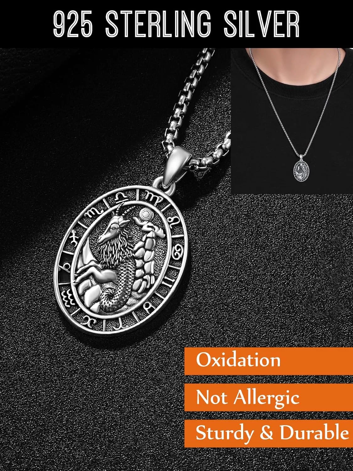 Zodiac Necklaces for Men 925 Sterling Silver 12 Constellation Horoscope Sign Pendant Jewelry Gifts for Men with 2.5mm 22" 2" Round Box Chain