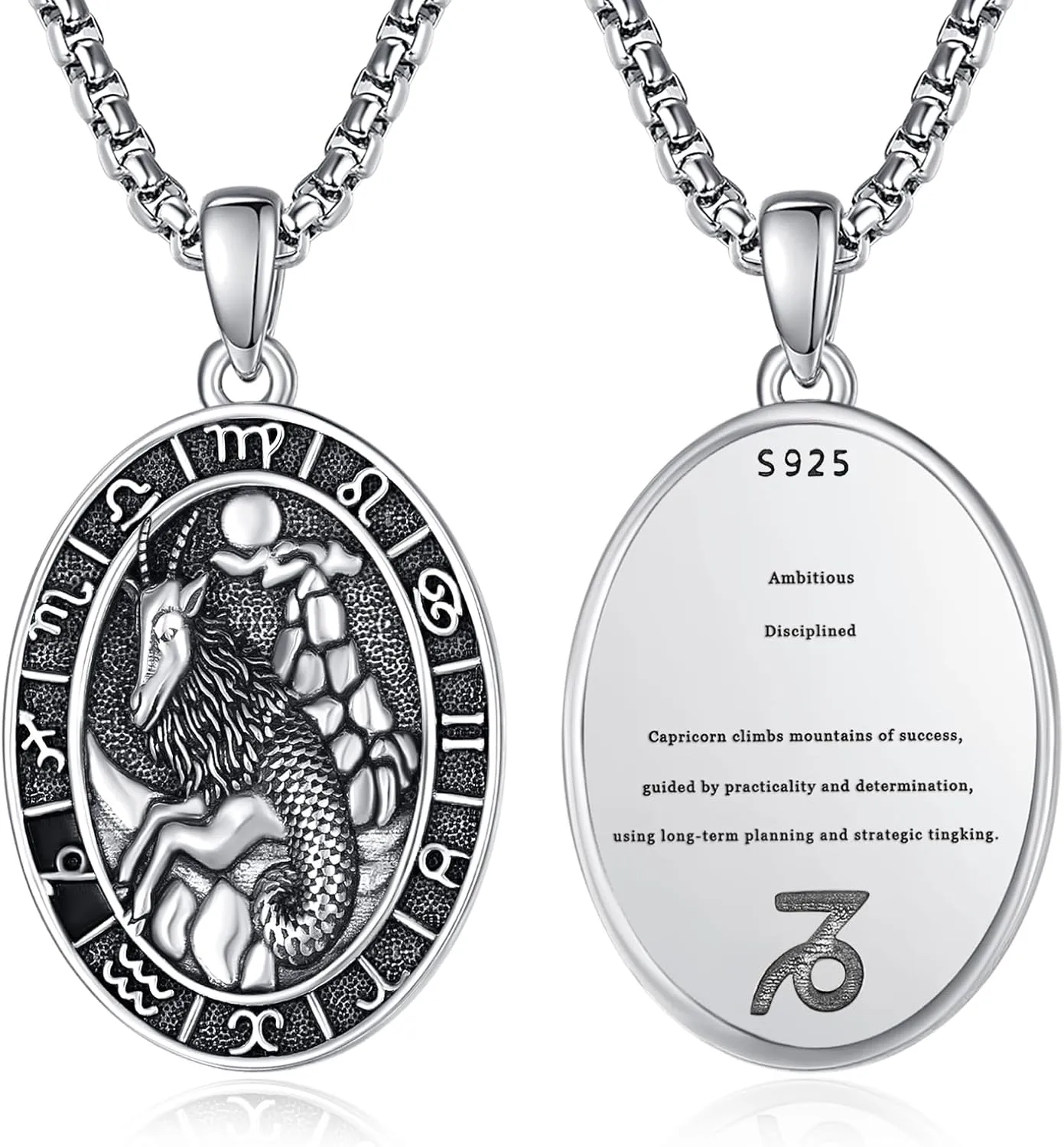 Zodiac Necklaces for Men 925 Sterling Silver 12 Constellation Horoscope Sign Pendant Jewelry Gifts for Men with 2.5mm 22" 2" Round Box Chain